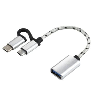 USB 3.0 Female to Micro USB & USB-C OTG Adapter Cable, 11cm Silver - 1