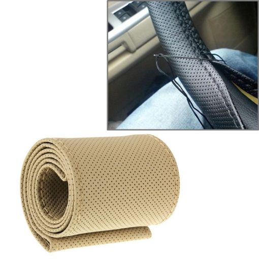 Beige PU Leather Steering Wheel Cover with Needle & Thread, 54x10.5cm - 1
