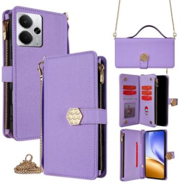 Realme 14 5G Purple Leather Crossbody Phone Case - Cross Texture - 1