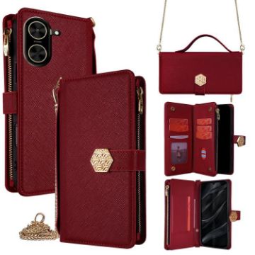 Redmi A5 4G Crossbody Leather Phone Case, Red, 171.7mm, Cross Texture - 1