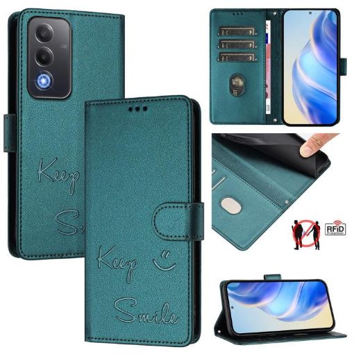 OPPO A5 5G Peacock Green RFID Leather Phone Case - Global Smile Embossing - 1