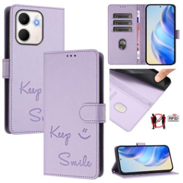 OPPO A5x 5G/4G Global Smile Embossing RFID Leather Case Light Purple - 1