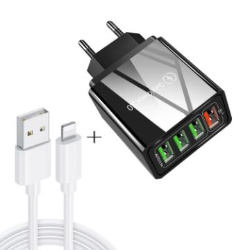 2 in 1 USB to 8 Pin Cable + 30W QC 3.0 Charger Set, EU Plug (Black) - 1
