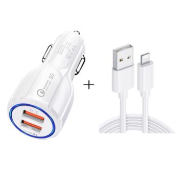 QC3.0 Dual USB Car Charger + 8 Pin Fast Charging Line Kit - White - 1