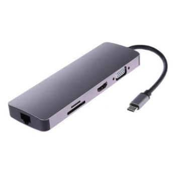 WS-11 8 in 1 Type-C Hub: HDMI, VGA, SD, TF, RJ45, PD, 2x USB3.0 Adapter - 1