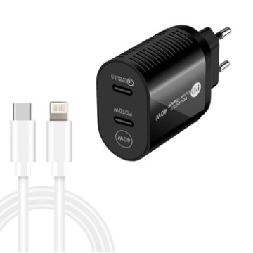40W Dual Port PD/Type-C Fast Charger with Cable, EU Plug (Black) - 1