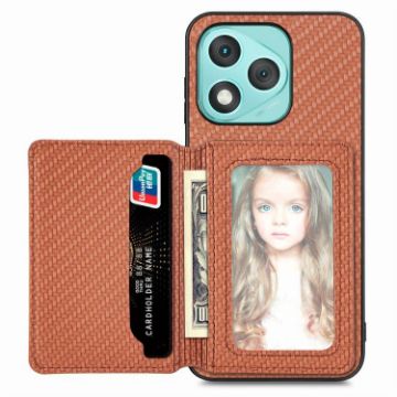 For Honor 400 Lite Brown Carbon Fiber Magnetic Card Bag Phone Case - 1