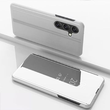 Samsung Galaxy S24 FE 5G Silver Mirror Flip Leather Case with Holder - 1