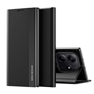 Redmi Note 14 4G Black Leather Phone Case with Electroplated Sides - 1