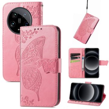 Xiaomi 14 Ultra Pink Butterfly Love Flower Embossed Leather Case - 1