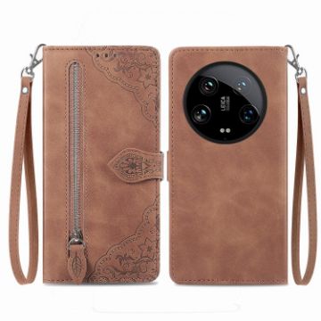 Xiaomi 14 Ultra Brown Embossed Flower Zipper Leather Phone Case - 1