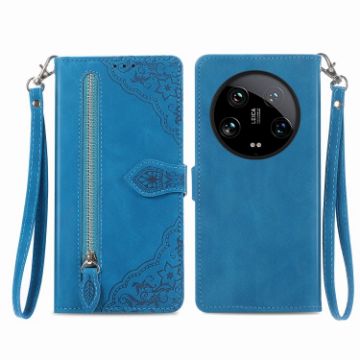 Xiaomi 14 Ultra Blue Embossed Flower Zipper Leather Phone Case - 1