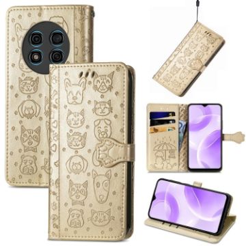 Ulefone Note 15 Gold Leather Phone Case - Cat & Dog Embossed Design - 1