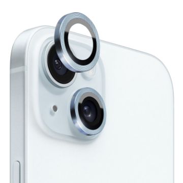 iPhone 15/15 Plus Camera Lens Protector Tempered Glass Metal Ring Blue - 1