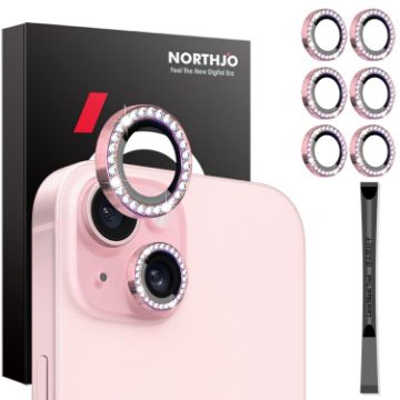 iPhone 15/14 Plus Camera Lens Protector Set - 6Pcs Pink Diamond Metal Ring - 1