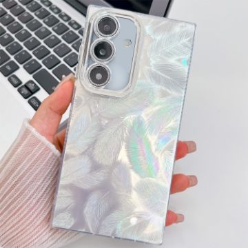 Samsung Galaxy A35 5G Glitter TPU Case with Lens Film - White Feathers - 1