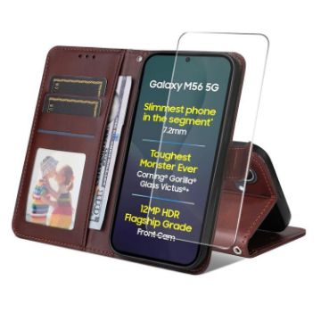 Samsung Galaxy M56 ENKAY Brown Leather Wallet Case with Screen Film - 1