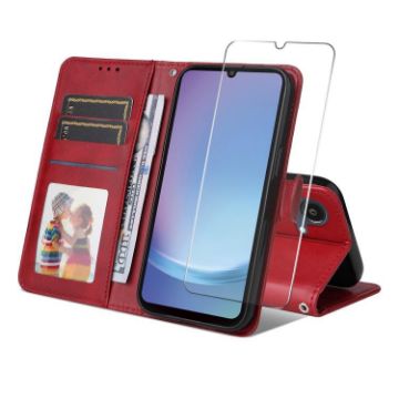 Samsung Galaxy A07 ENKAY Red Leather Wallet Case with Screen Film - 1