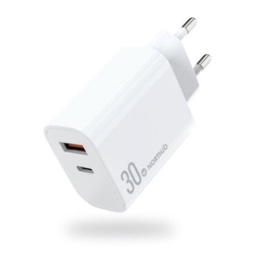 NORTHJO NOPD3002 30W USB-C PD + QC3.0 Dual Port Charger EU Plug White - 1