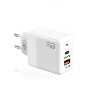 GaN PD 45W + QC3.0 USB Charger EU Plug White - Fully Compatible Protocol - 1