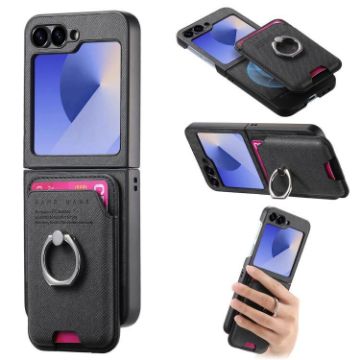 Samsung Galaxy Z Flip5 5G Twill Fabric Card Bag Ring Case (Black) - 1