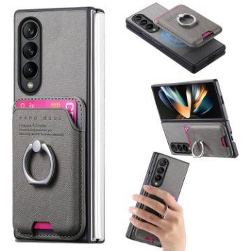 Samsung Galaxy Z Fold3 5G Gray Twill Fabric Card Bag Ring Magnetic Case - 1