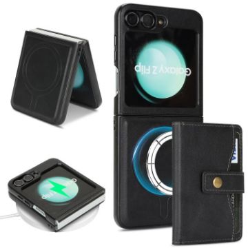 Samsung Galaxy Z Flip6 Leather Case: Magnetic Card Bag & MagSafe Ring - 1