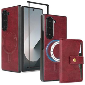 Samsung Galaxy Z Fold6 Red Leather Case with MagSafe Ring & Card Bag - 1