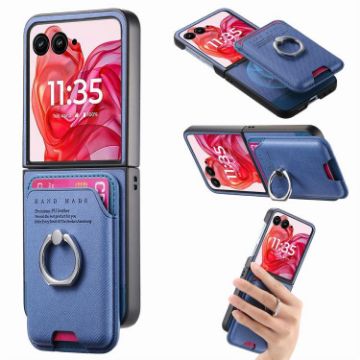 Moto Razr 50 Ultra Blue Twill Fabric Card Bag Ring Magnetic Case - 1