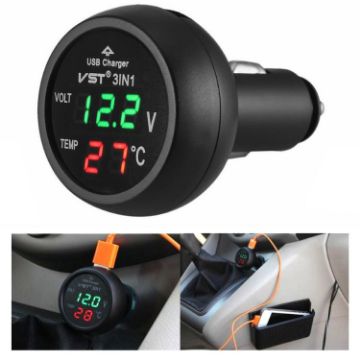 3 In 1 Car USB Charger with Voltage Display & Lighter (Red Green) - 1