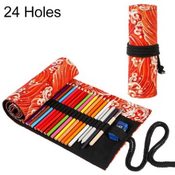 Golden Red Sea Wave Canvas Pencil Case - Large Capacity, 24 Holes - 1