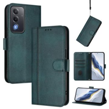 OPPO A5 5G Retro Leather Phone Case - Dark Green, Global Line Splicing - 1