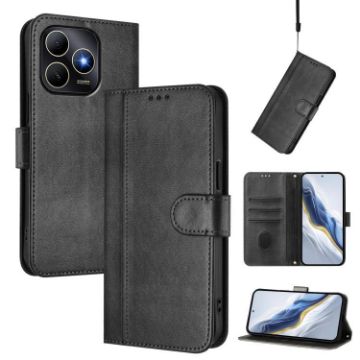 Huawei Enjoy 80s Retro Leather Phone Case, Black - Line Splicing Buckle - 1