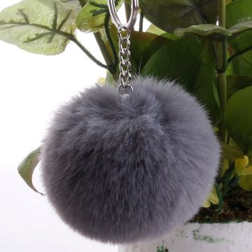 Light Gray Fur Ball Pompon Keychain - Artificial Rabbit Fur Key Ring - 1
