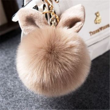 Khaki Fur Pom Keychains - Fake Rabbit Fur Ball Keychain - 1