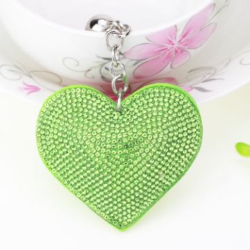 Green Heart Keychain Leather Tassel Gold Key Holder Crystal Keyring Gift - 1