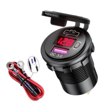 12V Car USB Charger with Voltage Display PD QC3.0 Socket Red Light 60cm Line - 1