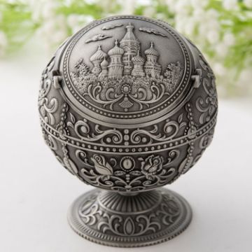 Retro Metal Spherical Ashtray with Lid - Tin Color Castle Decor - 1