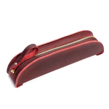 Vintage Handmade Genuine Leather Zipper Pencil Case - Wine Red W-T18 - 1