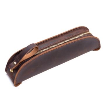 Vintage Handmade Genuine Leather Zipper Pencil Case W-T18 (Coffee) - 1