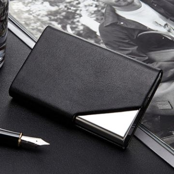 Men's Black Leather Stainless Steel Business Card Clamp - 1