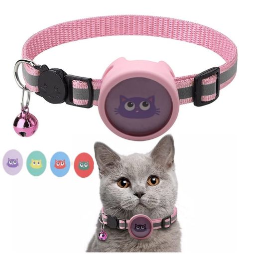 Pink Pet Reflective Collar with Bell for AirTag - 1