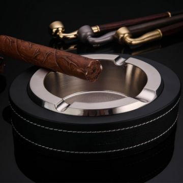 HONEST Cigar Ashtray Metal Cowhide Leather, White+Black Skin - 1