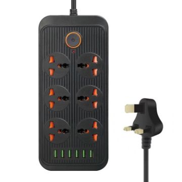 A07 2m 3000W Socket: 6 Plugs + 6 USB Ports, UK Plug, Flame-retardant - 1