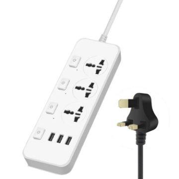 T14 2m 2500W Socket, 3 Plugs + 3 USB Ports, UK Plug, White, With Switch - 1