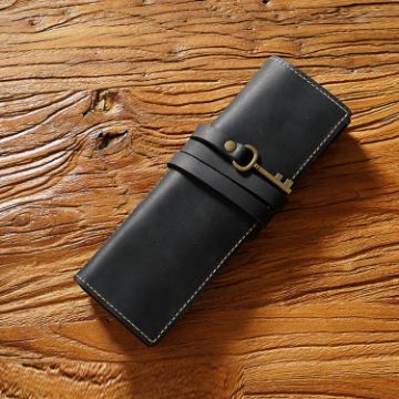 Retro Genuine Leather Pen Case - Crazy Horse Black, Tie Rope & Key - 1