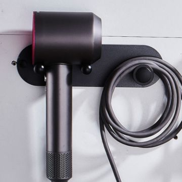 Small Black Wall Mounted Hair Dryer Holder - Hole-Free Aluminum Shelf - 1