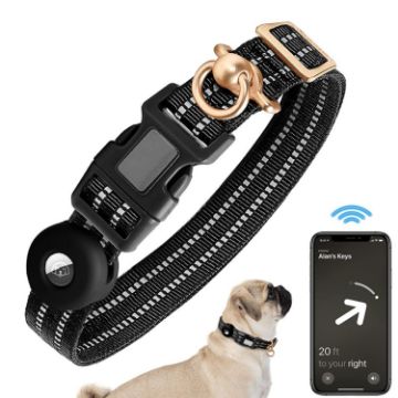 AirTag Tracker Silicone Sleeve Dog Collar, Reflective Nylon, Size L, Black - 1