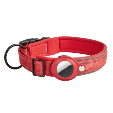 AirTag Tracker Dog Collar with Neoprene Lining, Reflective, Size M - Red - 1