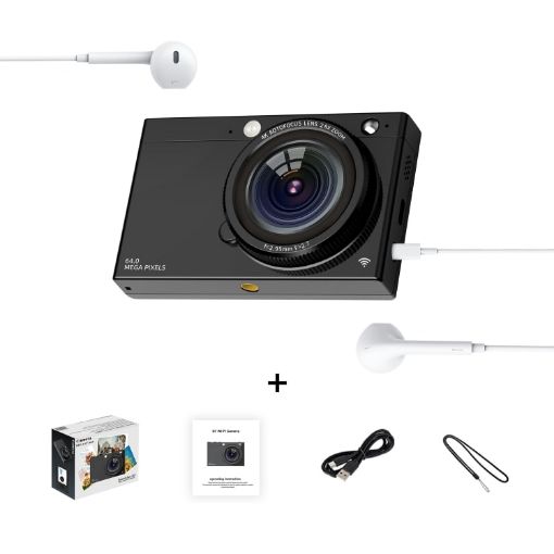 64MP HD CCD Digital Camera with WiFi & Headphone Cable - Black - 1